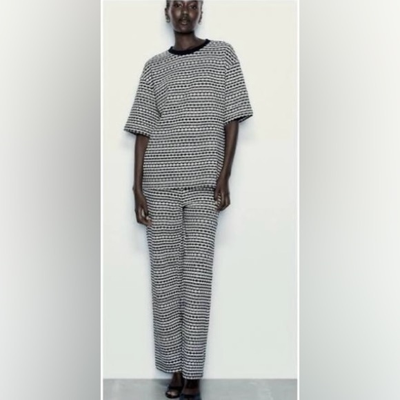 Zara Women’s White and Black Geometric Jacquard Knit Trousers Small - Picture 1 of 4